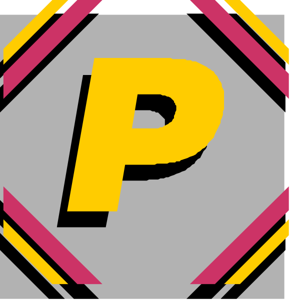 The image shows a logo with two different designs of letters "P" on either side against contrasting backgrounds: pink for one design and gray for another.