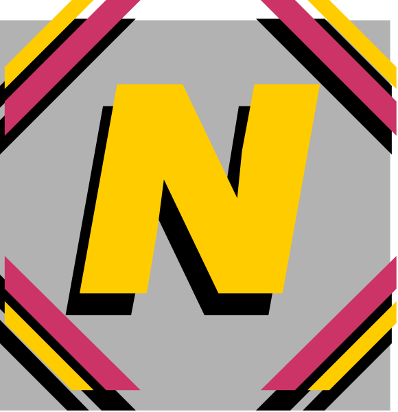 The image shows a logo with two distinct halves: on the left side is an abstract design featuring geometric shapes; while on the right side there's text that reads "N" in bold letters against a yellow background, and below it appears to be another word or symbol partially obscured by the edge of the frame.
