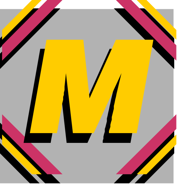 The image shows a logo with two different designs of an 'M' on it against contrasting backgrounds: pink for the left side and yellow-orange for the right side.