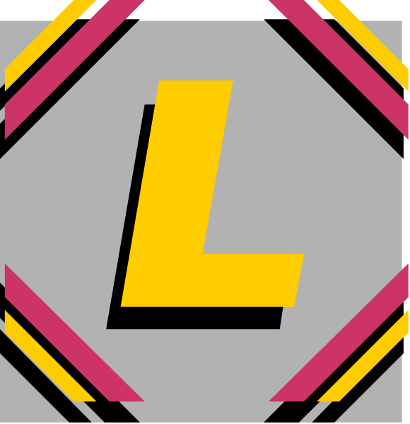 The image shows a logo with two distinct halves: on the left side is an abstract design resembling a stylized letter "L" in yellow against a grey background; while on the right side, there's another similar graphic of the same color scheme and style but mirrored horizontally.