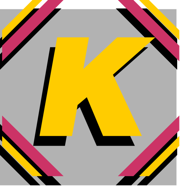 The image shows a logo with two distinct parts: on top there's an abstract design resembling a shield-like shape in shades of pink and yellow; below it is a bold capital letter "K" rendered in black, set against a white background that has diagonal lines creating the appearance of motion or speed.