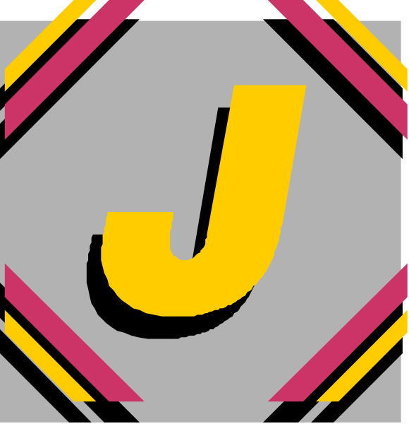 The image shows a graphic with two halves of an emblem that resembles a shield divided by color; on each side is a letter 'J' in bold yellow font against different backgrounds: one half has pink and purple stripes, while the other features blue lines creating diamond shapes around it.