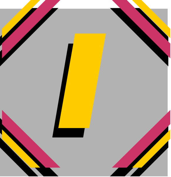 The image shows a simple graphic with two halves of an icon that resembles a stylized letter 'I' in yellow on one side against a white background, placed next to each other within what appears to be a square frame outlined by pink and purple lines.