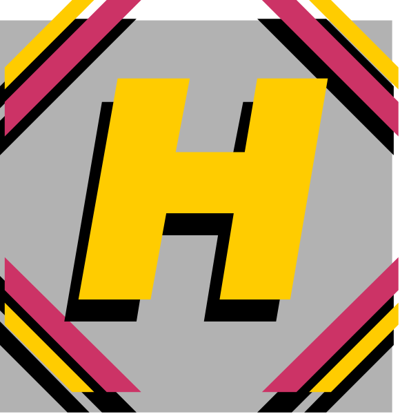 The image shows a logo with two distinct halves: on top left there is an abstract design resembling a shield in red, white, black, yellow, pink, blue; below it to its right side appears another half of the same colorful pattern but mirrored horizontally and slightly rotated.