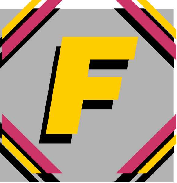 The image shows a logo with two distinct halves: on the left side is an abstract design resembling a shield in shades of gray; while on the right side there's text that reads "F" and appears to be part of another word or phrase, which isn't fully visible.