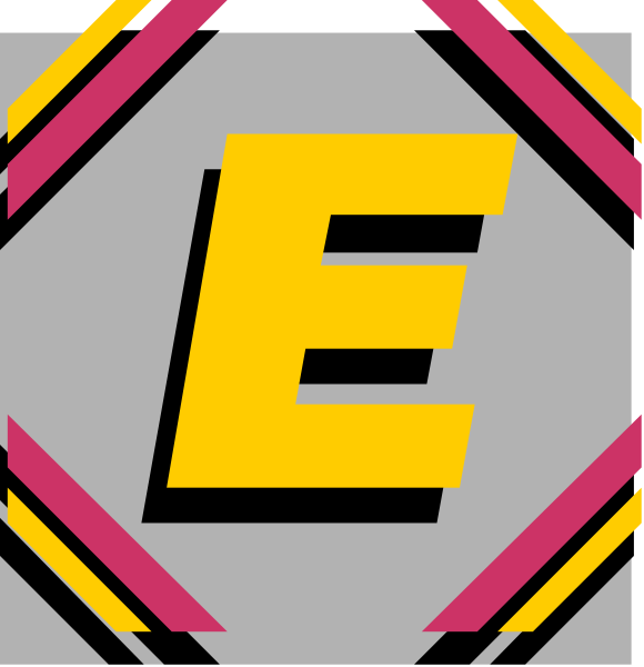 The image shows a logo with two distinct halves: on the left side is an abstract design resembling a shield in shades of gray; while on the right side features bold letters "E" and "S," possibly representing initials, against a pink background within a diamond-shaped border.