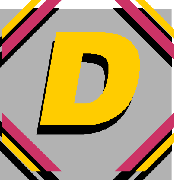 The image shows a logo with two distinct parts: on top there's an abstract design resembling a shield-like shape in yellow against a dark background; below it is text that reads "D" in bold, capital letters and appears to be part of another word or phrase not fully visible.