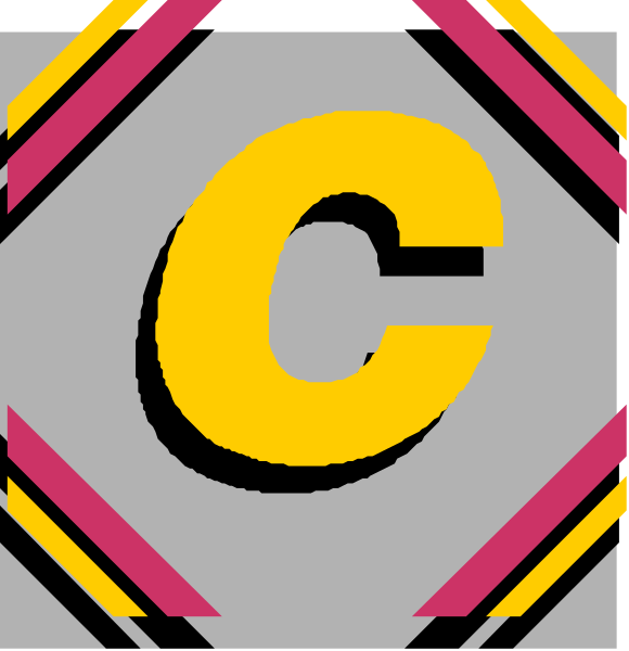 The image shows a pair of identical logos with text that reads "C" on each side against different backgrounds: pink for one logo and gray for another.