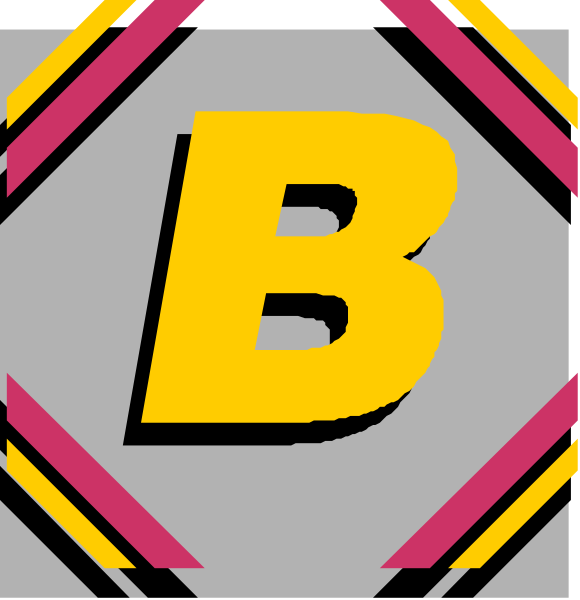 The image shows a logo with two distinct parts: on top there's an abstract design resembling a shield-like shape in shades of pink and yellow; below it is text that reads "B" inside what appears to be a hexagon, also colored red and white.