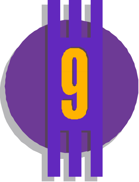 The number nine on a purple background with white stripes at top and bottom of each side.