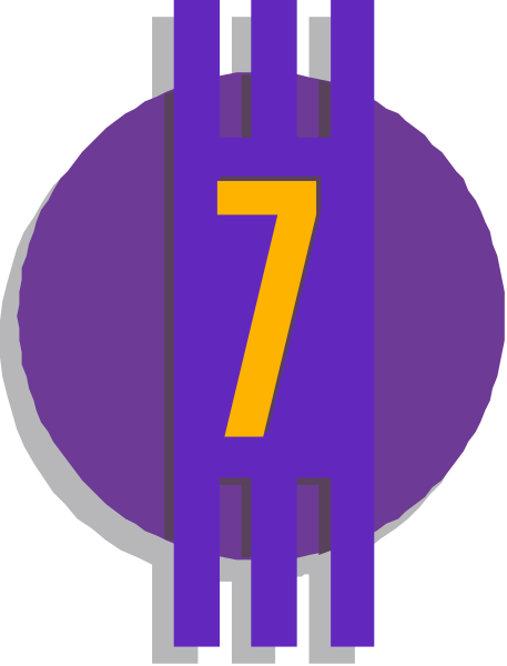 The number seven on a purple background with abstract shapes around it.