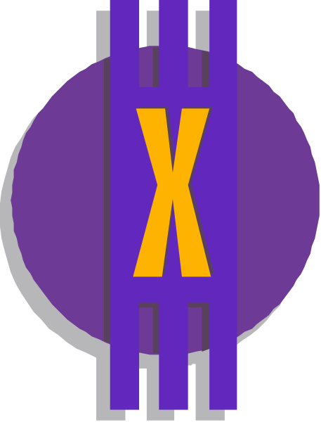 The image shows a purple circle with an orange "X" inside it on top of what appears to be two overlapping lines forming a cross shape in white against a gray background at the bottom right corner.