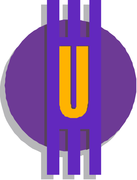 The image shows a purple circle with an orange letter "U" inside it on top of what appears to be a gray background that has some sort of pattern resembling circuitry lines in white coloring.