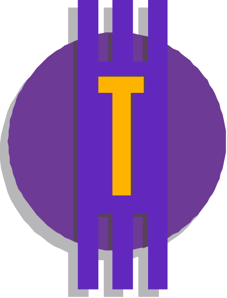 The image shows a stylized graphic with two overlapping purple circles containing white text; on top of each circle is an abstract design resembling a letter 'T' in yellow coloring.