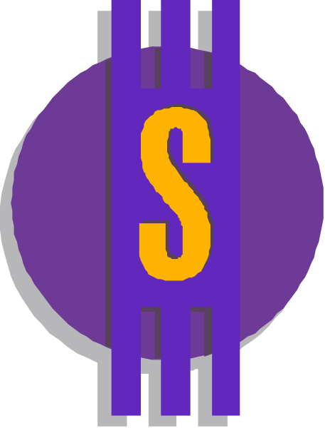 The logo features a purple circle with an 'S' inside it on top of two vertical lines that resemble circuitry or wires in blue-gray tones against a gray background.