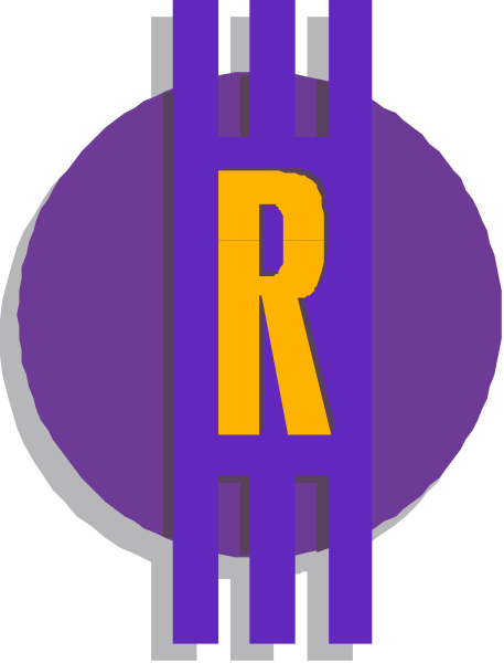 The logo of a company named "R". It's purple with white lettering inside an orange circle on top of two horizontal lines in blue.