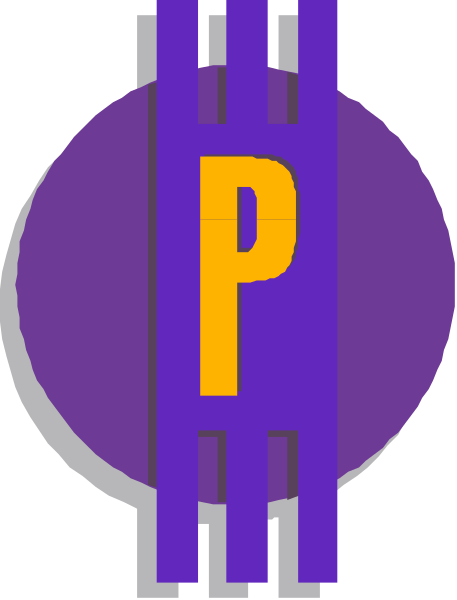 The logo of a purple letter "P" with an orange background inside what appears to be a shield shape on top of two crossed swords in front of it.