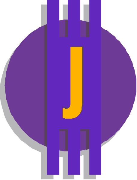 The image shows a purple circle with an orange letter "J" inside it on top of what appears to be two gray rectangles forming a background that resembles circuitry lines against a darker grey backdrop, suggesting technology-related imagery.