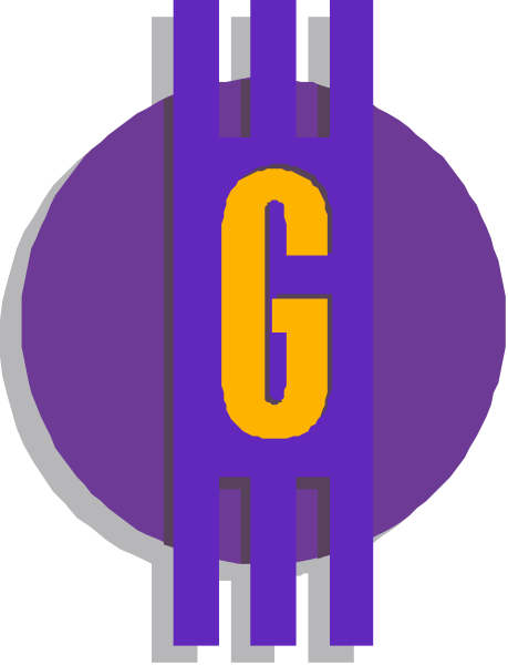 The logo features a purple circle with an orange letter 'G' inside it on top of what appears to be two overlapping lines forming a cross shape in white against a gray background.