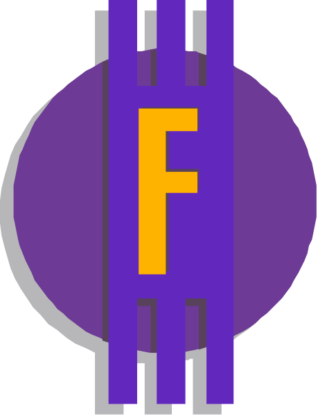 The logo of a fictional company with purple background featuring an abstract design resembling gears on either side connected by lines to form a circle around a central letter 'F'.