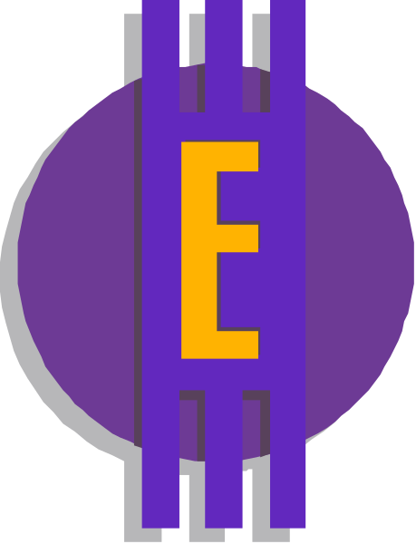 The logo features a purple circle with an 'E' inside it on top of what appears to be two intersecting lines forming an X shape in white against a gray background.