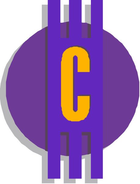 The logo consists of a purple circle with an orange letter 'C' inside it on top of two vertical lines that resemble antennas or poles in white against a gray background.