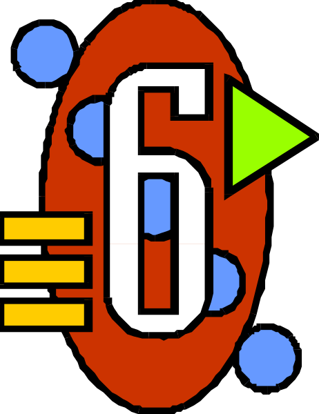 The image shows a stylized graphic with an abstract design featuring red shapes that resemble lips on either side of what appears to be a number "6" in white font at its center. There is also a small blue dot above and below this central element, suggesting movement or connectivity between the two parts.