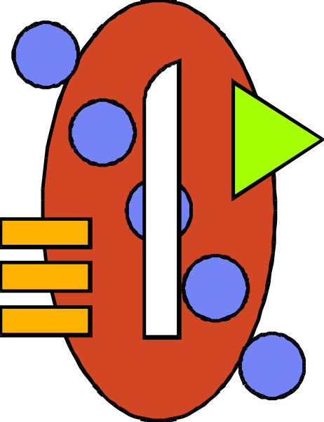 The image shows a stylized graphic with an abstract design that includes geometric shapes such as circles of varying sizes around what appears to be a central figure resembling a humanoid form in red coloring against a dark background, and there is also a green triangle shape on top left corner.