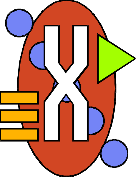 The image shows a stylized graphic with abstract shapes resembling an electronic circuit board design featuring red elements that could be interpreted as cells or molecules connected by lines to green triangles representing signal paths or connections, and blue dots possibly indicating points of interest within this structure.