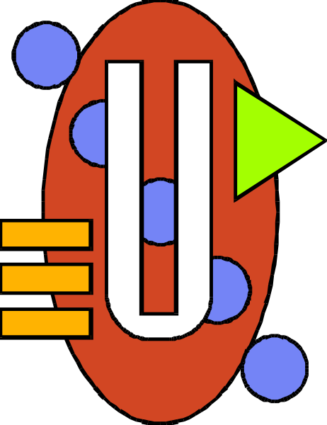 The image shows a stylized graphic with an abstract design that includes geometric shapes such as circles of varying sizes surrounding what appears to be a central shape resembling a letter 'U' in red color on top, and below it is another element colored yellow-orange which could represent sound waves or musical notes.