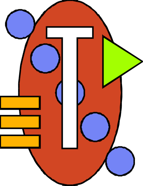 The image shows a stylized graphic with an abstract design that includes geometric shapes such as circles and rectangles arranged to resemble electronic components like resistors and capacitors connected by lines suggesting wiring. There is also what appears to be a play button symbol in red, indicating some form of media control or function within the device depicted. The background color is white with blue dots scattered around it.