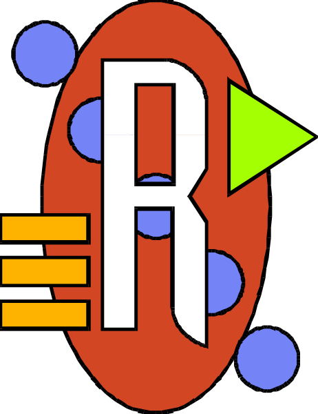 The image shows a stylized graphic with an abstract design featuring shapes that resemble musical notes around what appears to be a red letter "R" in the center of two blue circles on either side.