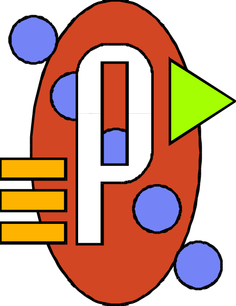 The image shows a stylized graphic with an abstract design featuring red shapes that resemble lips around what appears to be a letter "P," which is colored in shades of blue and green; there's also a yellow arrow pointing downwards, suggesting movement or directionality.