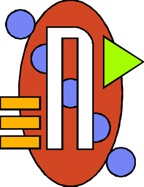 The image shows a stylized graphic with an abstract design that includes geometric shapes such as circles and rectangles arranged to resemble electronic components like resistors and capacitors connected by lines suggesting circuitry.