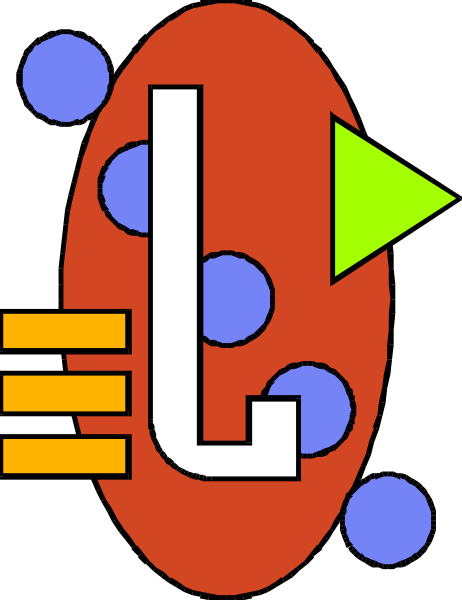 The image shows a stylized graphic with an abstract design featuring shapes that resemble musical notes, dots of various sizes in different shades of blue, red circles on either side, and what appears to be a play button symbolizing music or sound control at its center.