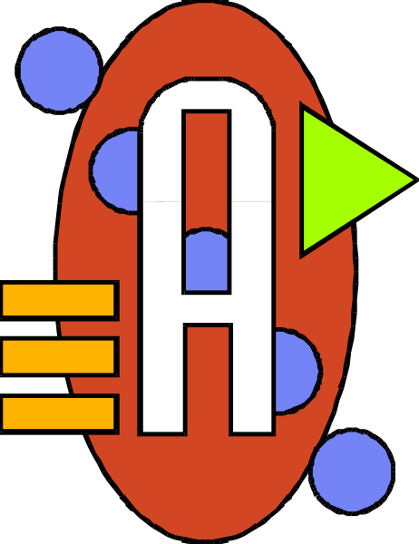 The image shows a stylized graphic with an abstract design that includes geometric shapes such as circles and rectangles arranged to form what appears to be a letter 'A'.