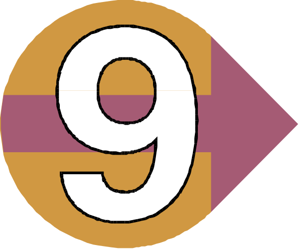 The image shows a number "9" with an arrow pointing to it from another digit that is partially obscured by colorful shapes resembling puzzle pieces in various shades of pink, orange, yellow, green and blue.