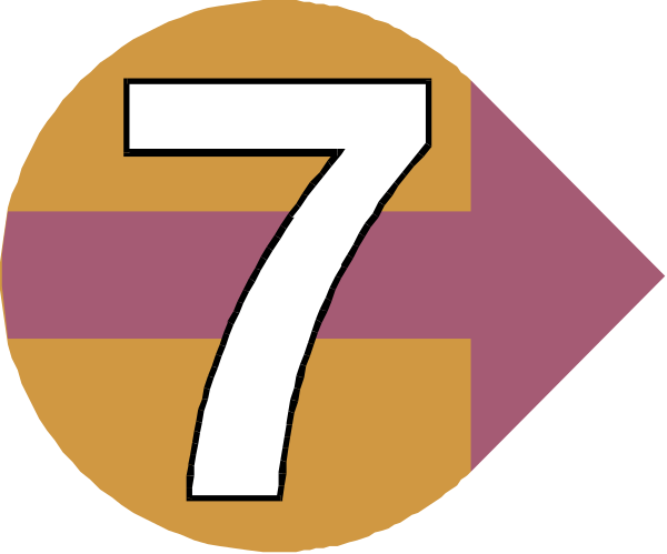 The image shows a stylized number seven with an arrow pointing to it from above on what appears to be a signpost-like background that includes numbers 6 through 9 in ascending order along one side, suggesting this is part of a sequence indicating directions or steps for some process. There are no other objects, people, animals, actions, or settings visible within the image itself; it focuses solely on these numerical elements and their arrangement. The style appears to be graphic with bold lines defining shapes and colors that create an abstract representation rather than realistic depictions of actual items in a setting.