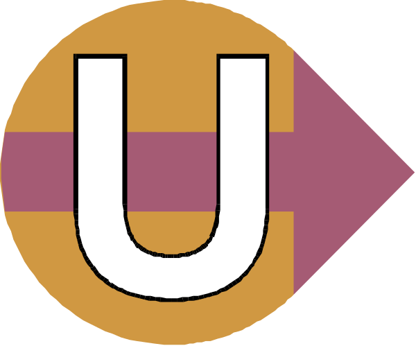 The image shows a graphic with two arrows pointing towards each other; there is text that reads "U" on both ends of one arrow and an icon resembling a person's head atop another, smaller rectangle within it.