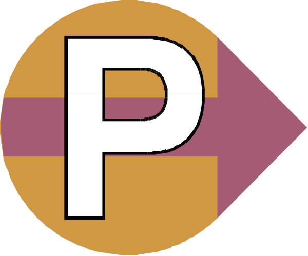 The image shows a logo with two letters "P" and an arrow pointing to it from above left side of the letter 'O'.