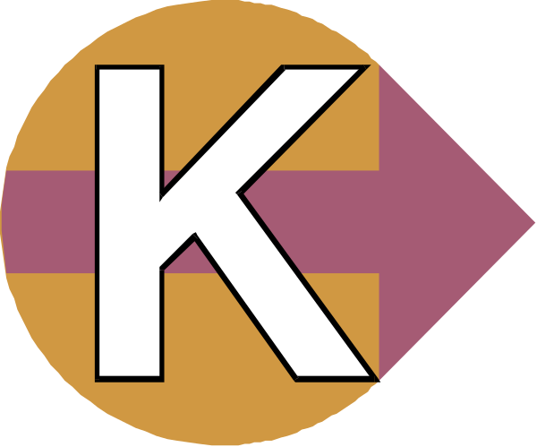 The image shows a logo with two arrows pointing to each other; between them is an icon that resembles a letter 'K' in white on top of another symbol which appears to be stylized as a key, also colored white against its background color.