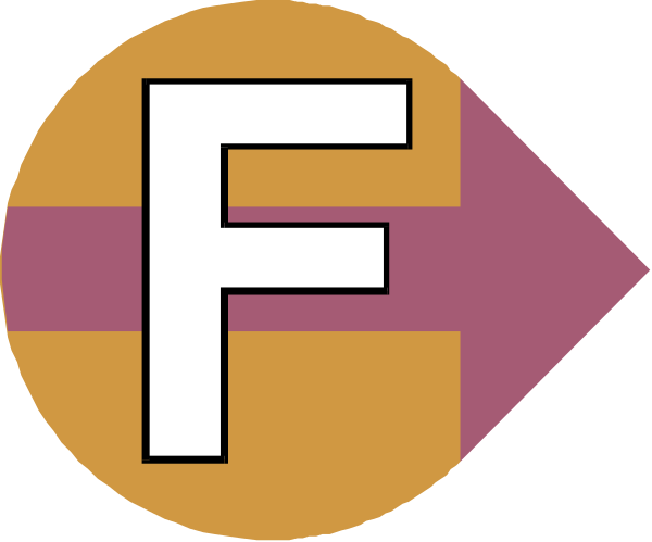 The image shows a logo with two interconnected arrows forming an "F" shape on top of each other against a pink background; below them is another arrow pointing to the right in white color within a yellow rectangle, and there's text that reads 'FO'.