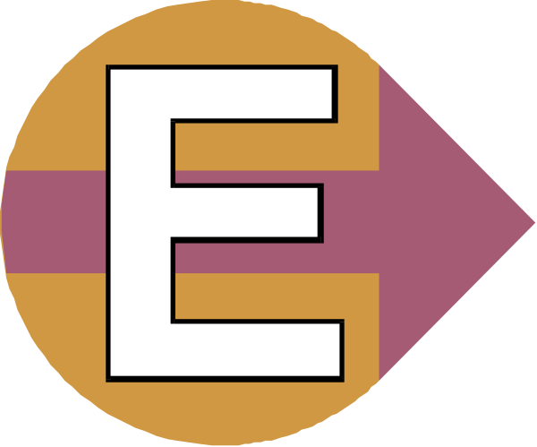 The image shows a logo with two stylized letters "E" and an arrow pointing to it from above left side of the frame.