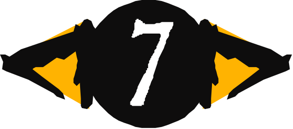 The image shows a logo with text that reads "7" prominently at its center against an abstract background featuring geometric shapes in shades of yellow and black.