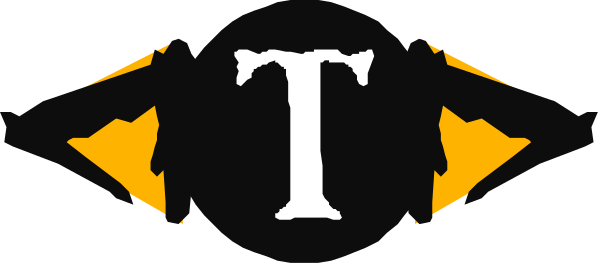 The image shows a logo with text that reads "T" inside an abstract design resembling a shield shape on top of another rectangle-like element in black against a white background.