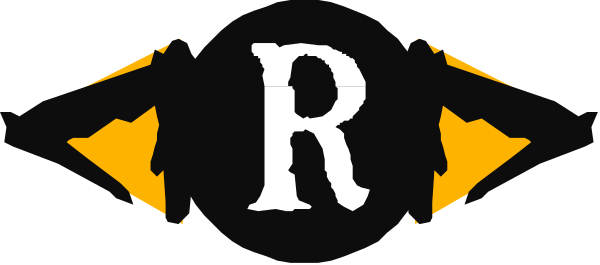 The image shows a logo with text that reads "R" inside an emblematic design resembling a shield shape on top of another symbol which appears to be stylized as two crossed swords forming an 'X' pattern, all set against a dark background.