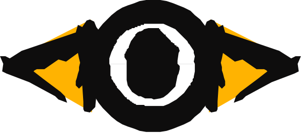 The image shows a logo with an eye design at its center featuring two black eyes on either side of what appears to be a number zero in white within it; above this central graphic is another smaller depiction that resembles a stylized letter 'O' or possibly a face, also rendered as black and yellow.