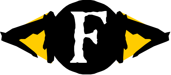 The image shows a logo with text that reads "F" inside an emblem featuring two crossed swords on either side of what appears to be a shield-like design in between them; above this central symbol, there is another smaller graphic resembling three arrows pointing upwards and slightly outward.