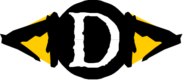 The image shows a logo with stylized text that reads "D" inside an emblematic design featuring what appears to be wings on either side of the letter D; there is also another smaller graphic resembling a shield, and below it all, there's additional decorative detailing.