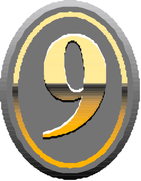 The image shows a logo with an emblem that resembles a shield featuring two crossed swords on either side of what appears to be a crown atop them; in front is a number "9" stylized as if it's floating above three horizontal lines, suggesting motion or progression.